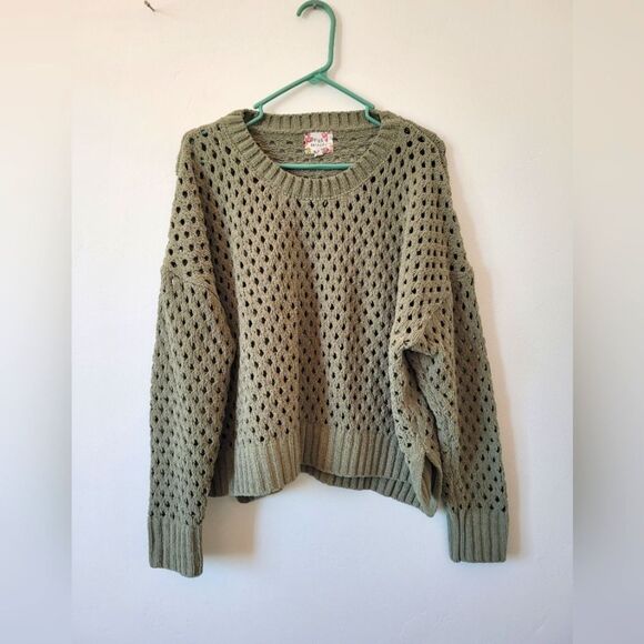 Sage Green Chenille Open Knit Sweater Chunky Oversized Soft Girl Academia XL - Picture 1 of 6